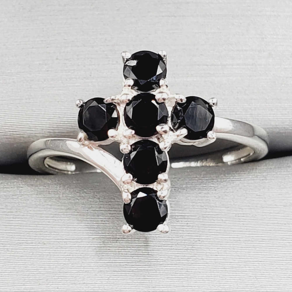 1 Carat Thai Black Spinel Stone Cross Ring - Women Jewelry